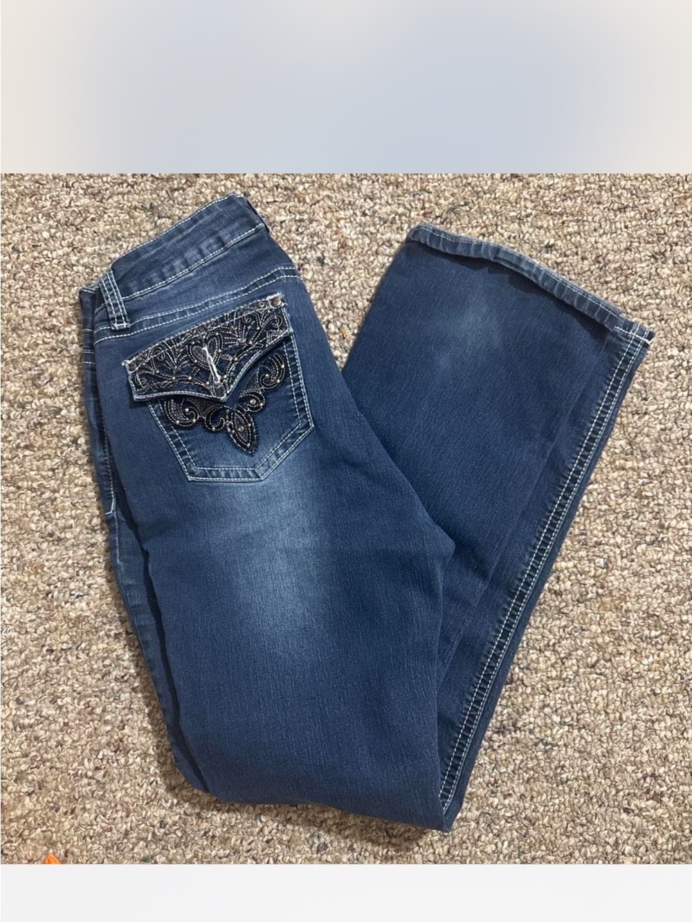 Embroidered Back Pocket Dark Blue Boot Cut Jeans for Women